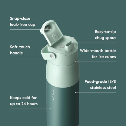 LARQ 34oz Swig Top Stainless Steel Water Bottle – Insulated Wide Mouth, BPA-Free, Leakproof with Built-In Handle, Keeps Drinks Cold 24 Hours, Reusable Bottle for Sports, Gym, and Travel, Eucalyptus Green - PuriLite