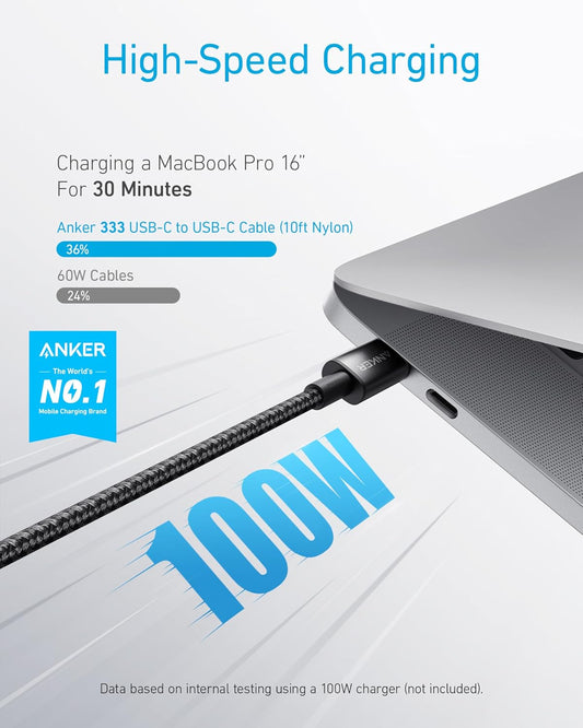 Anker USB C to USB C Cable (10FT, 2Pack), Type-C 100W Charger Cord Fast Charging for iPhone 17/16 Series,MacBook Pro 2020,Pixel and More(USB 2.0,Black)