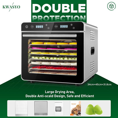 KWASYO 8 Trays Stainless Steel Food Dehydrator, Double-layer Construction, 24H Timer & 30℃ to 85℃ Temperature Control, Dehydrator Food Dryer for Jerky, Fruit, Vegetable, Pet Treats, 700W