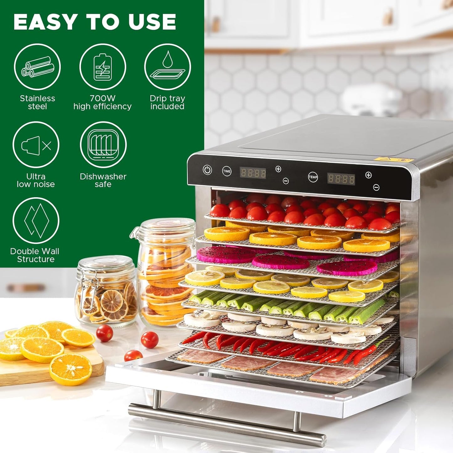 KWASYO 8 Trays Stainless Steel Food Dehydrator, Double-layer Construction, 24H Timer & 30℃ to 85℃ Temperature Control, Dehydrator Food Dryer for Jerky, Fruit, Vegetable, Pet Treats, 700W