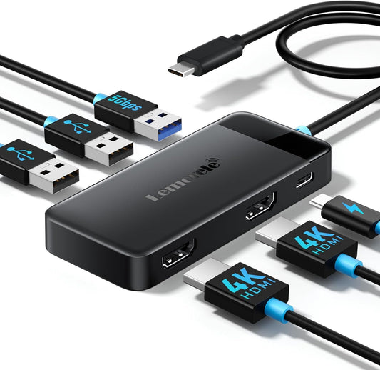 Lemorele Docking Station Dual Monitor, 6 in 1 USB C Hub Multiport Adapter w/2 HDMI 4K, 5Gbps USB3.0 & 2 USB2.0, 100W PD Charging - USB C Dock for Laptop Dell/HP/MacBook/Surface - Plug and Play