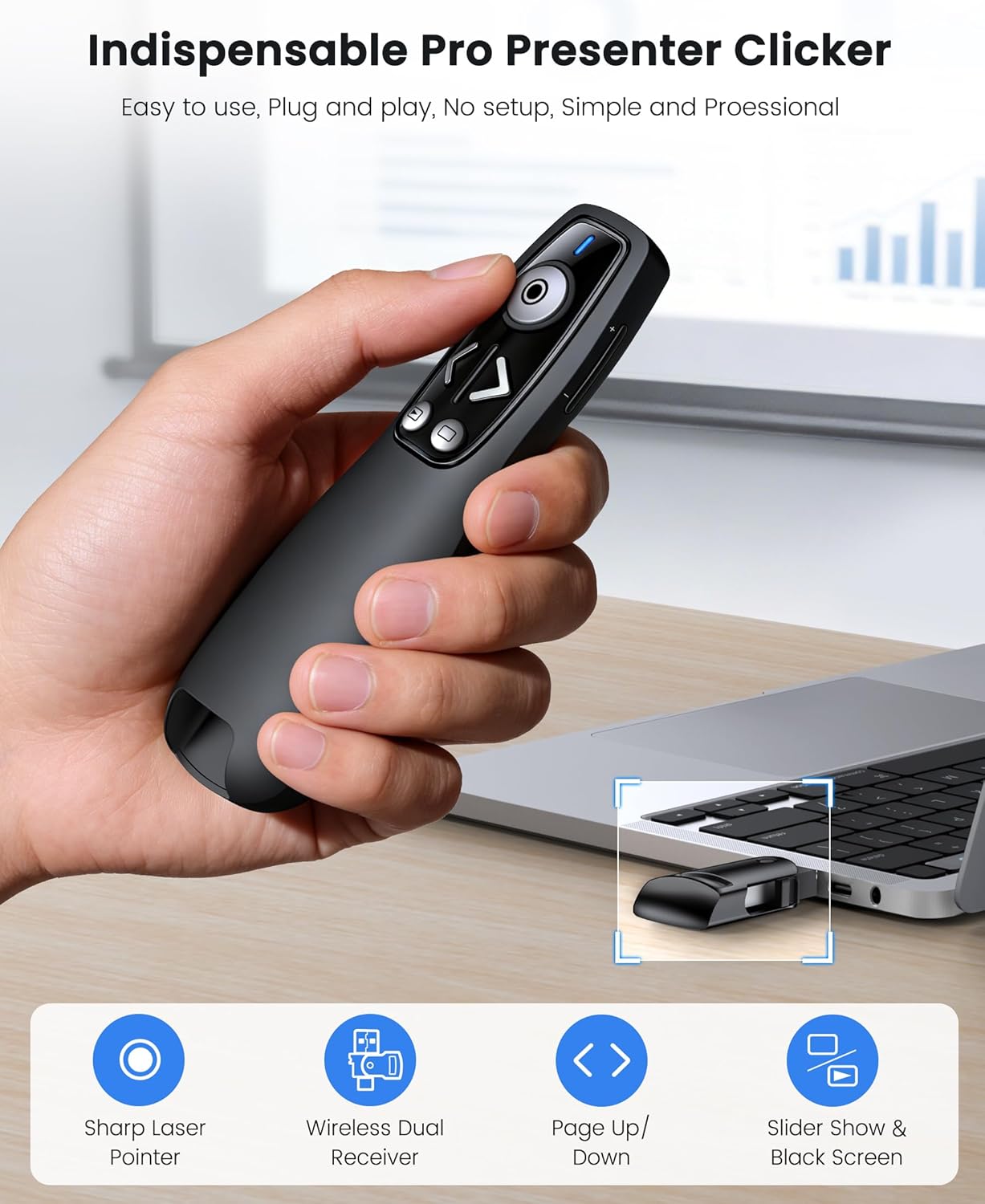 Presentation Clicker Wireless Presenter Remote for PowerPoint, RF 2.4GHz USB Powerpoint Clicker with Hyperlink & Volume Control PowerPoint Slide Advancer for Mac, Computer, Laptop