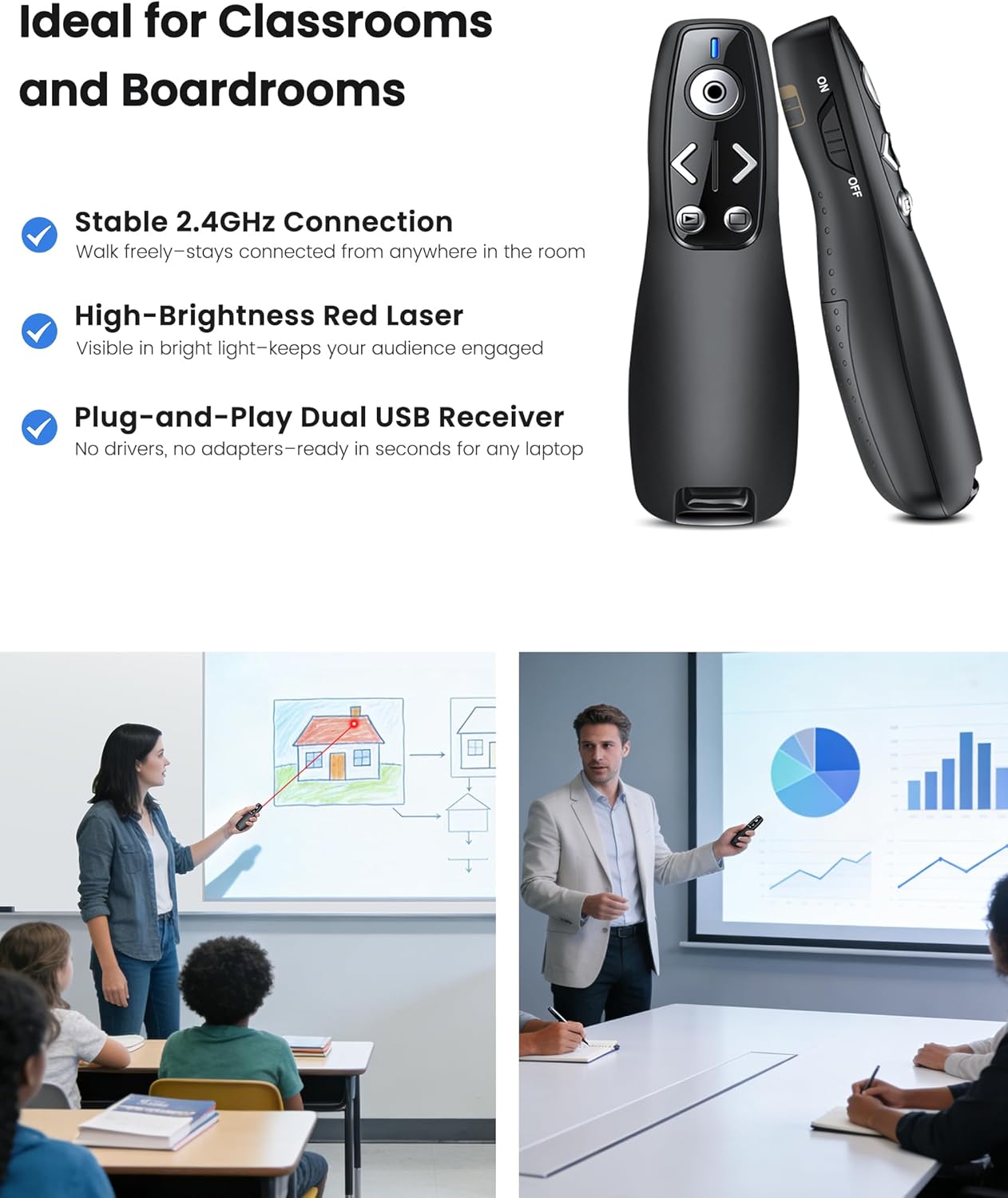 Presentation Clicker Wireless Presenter Remote for PowerPoint, RF 2.4GHz USB Powerpoint Clicker with Hyperlink & Volume Control PowerPoint Slide Advancer for Mac, Computer, Laptop