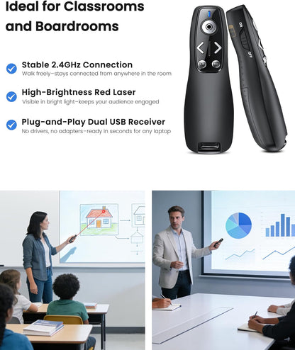 Presentation Clicker Wireless Presenter Remote for PowerPoint, RF 2.4GHz USB Powerpoint Clicker with Hyperlink & Volume Control PowerPoint Slide Advancer for Mac, Computer, Laptop