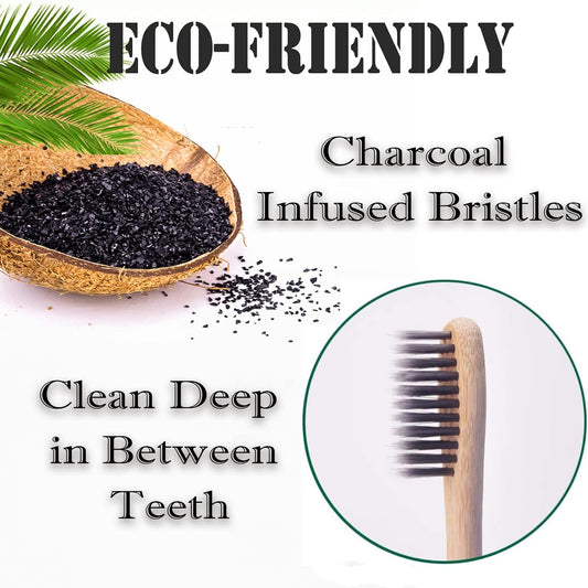 Y-Kelin 12 Pcs Bamboo Toothbrush Eco-Friendly Products - Natural Wooden Handle Charcoal Black Bristles, Biodegradable Recyclable Package. - PuriLite