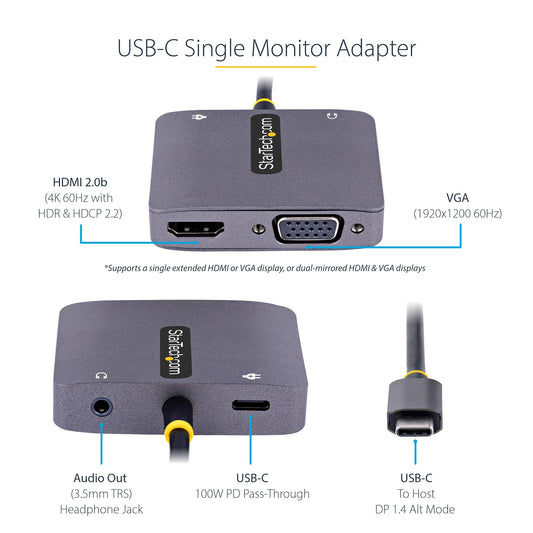 USB C Video Adapter, USB C to HDMI VGA Multiport Adapter, 3.5mm Audio, 4K 60Hz HDR, 100W PD Pass-Through, Thunderbolt 3/4 Compatible - USB C Display Travel Adapter - PuriLite