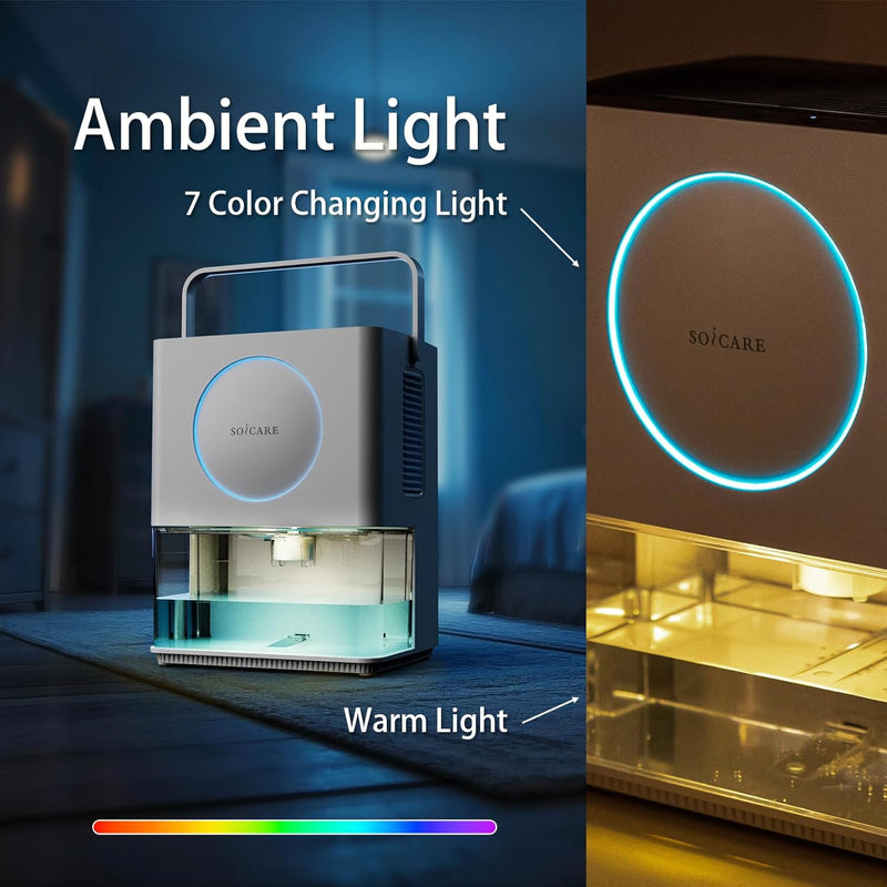 SOICARE Dehumidifier, 3.2L Water Tank, 7-Colour LED Night Light, HEPA Filter, 220V/50W, White