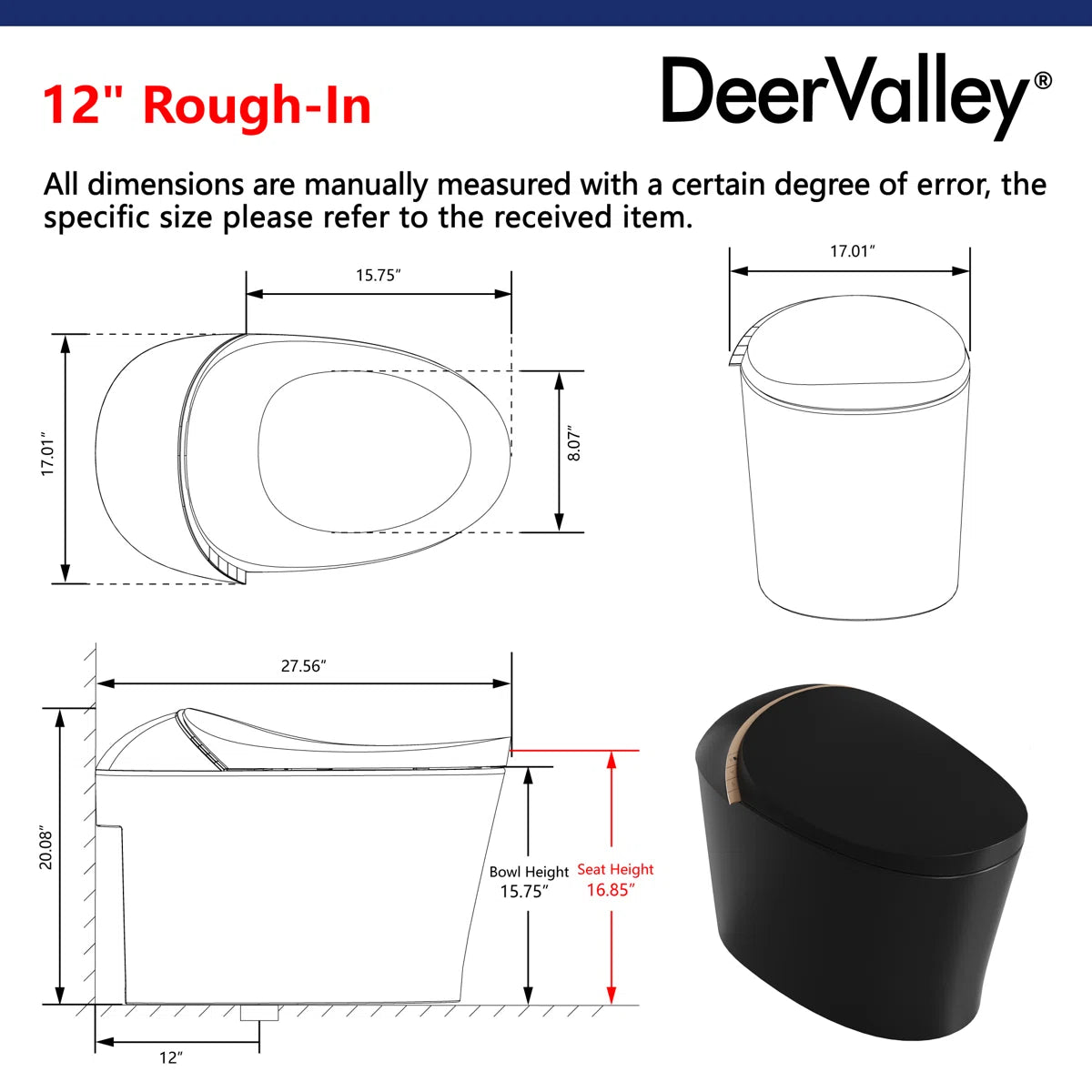 Luxury Smart Toilet with Auto Open & Close Lid, Heated Seat, Warm Water, and Wireless Remote DV-1S0160B-V3
