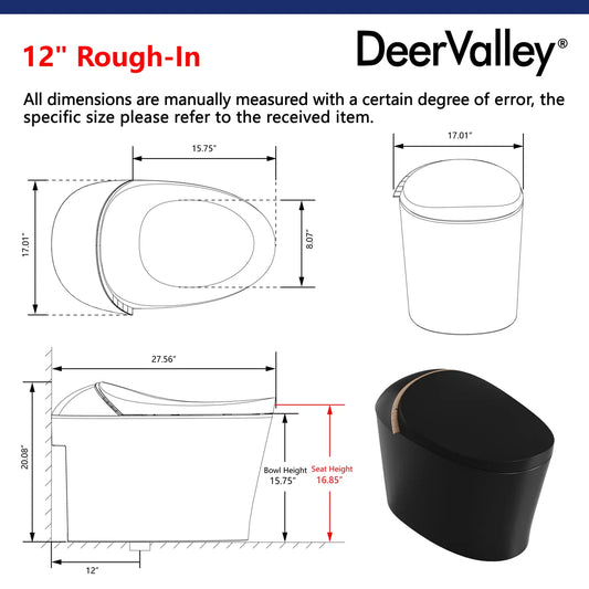 Luxury Smart Toilet with Auto Open & Close Lid, Heated Seat, Warm Water, and Wireless Remote DV-1S0160B-V3