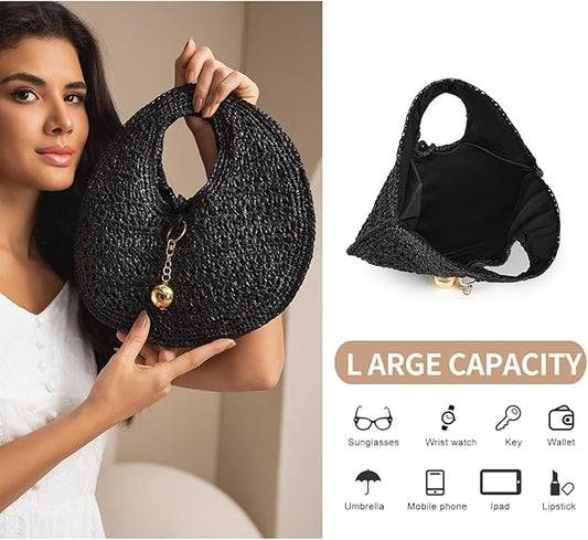 PHILOMENA Woven Straw Beach Bag for Women Handmade Raffia Circle Bag, Summer Boho Chic Tote Purse Handbag Large Round Bag
