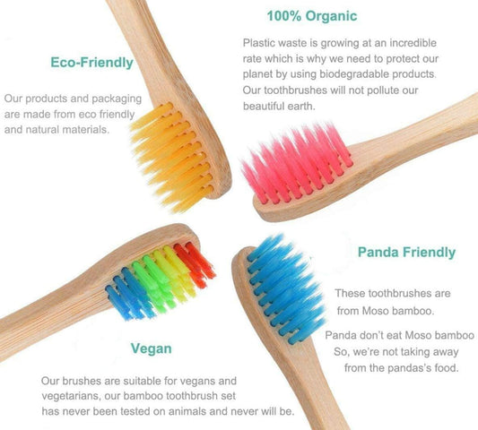 ECOETBOO Kids Bamboo Toothbrush Medium Bristles Rainbow, 5 Pack Children's Toothbrushes Eco-Friendly Wooden Handle Tooth Brush (5 Colors)