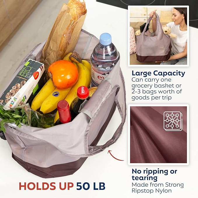 Reusable Shopping Bags, Foldable Grocery Bags with Attached Pouch Wallet, Comfort Handle, Waterproof, Large Foldable Tote Bag