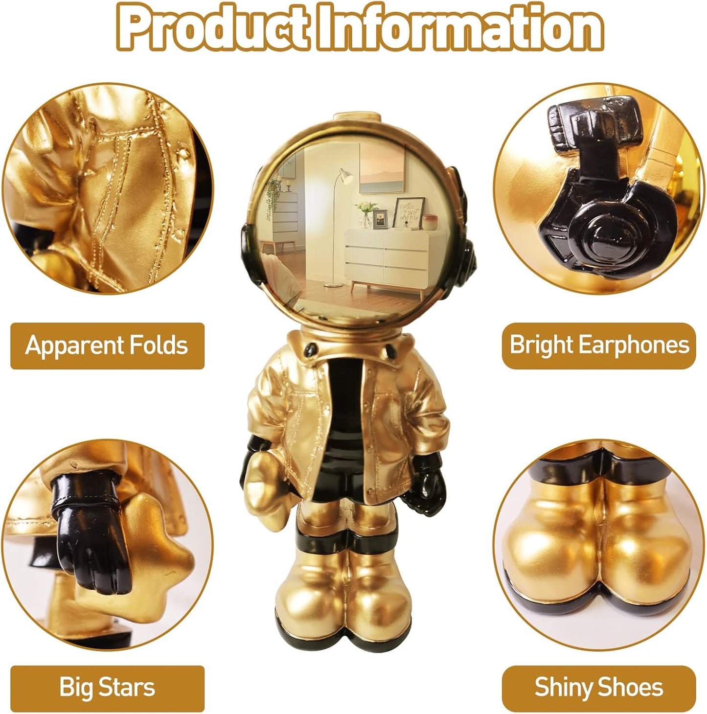 Dosker Astronaut Statue Polyresin Sculpture – Gold Spaceman Figurine for Home, Office, Desktop & Bookshelf Decoration