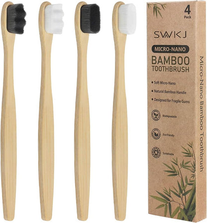 SWKJ 4 Pcs Soft Bamboo Micro-Nano Toothbrushes, Extra Soft Toothbrush with 20000 Bristles Designed for Sensitive Gums Kids Adults