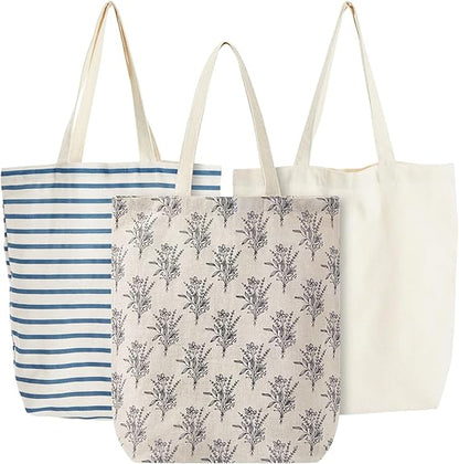 3-Pack Small Reusable Grocery Bags, Canvas Tote Bag for Women and Men, Retail Shopping, Groceries, Farmer Markets, Art Fairs, Yoga, School, 3 Designs (15x16.5 in)