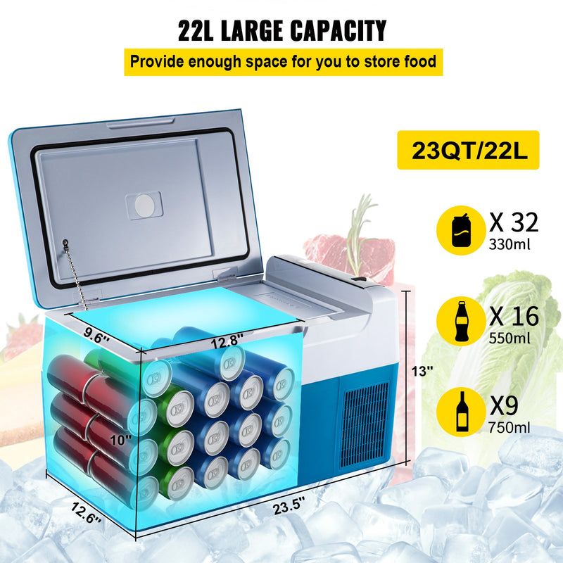 VEVOR Portable Refrigerator 23 Quart(22 Liter),12 Volt Refrigerator App Control(-4℉~68℉), Car Refrigerator Electric Compressor Cooler with 12/24v DC & 110-240v AC for Camping, Travel, Fishing, Outdoor