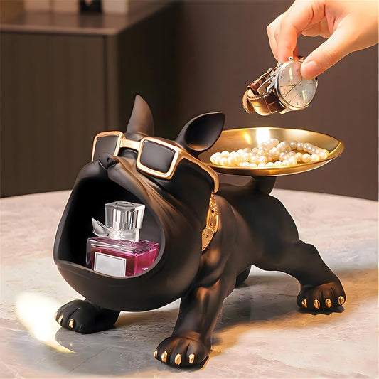 French Bulldog Resin Tray Statue – Key Holder, Candy Dish & Desk Decor for Home, Office & Entryway Table – Black Bulldog Figurine