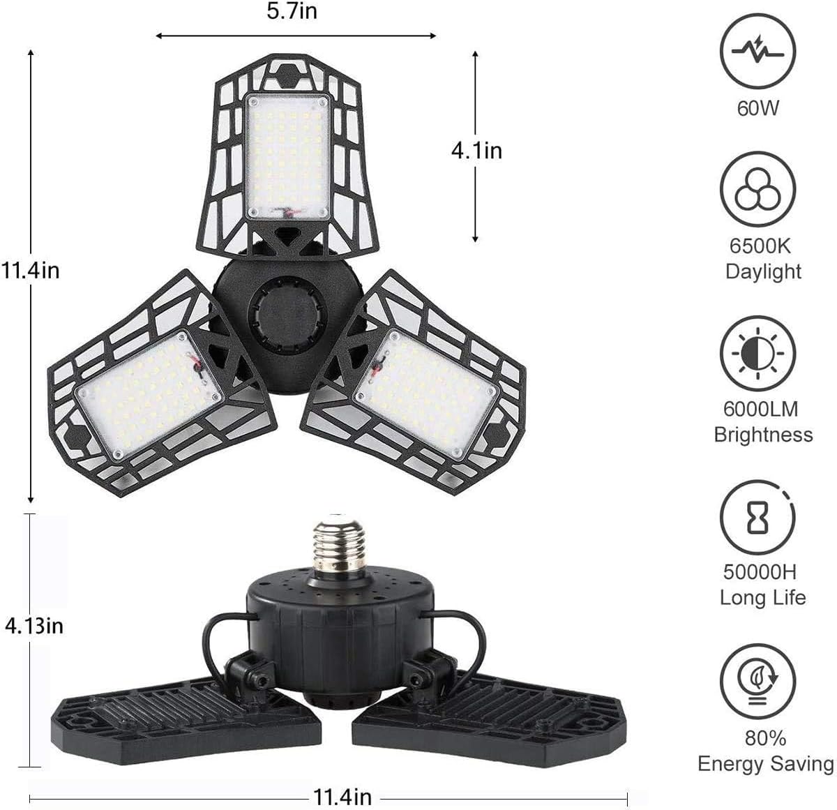LED Garage Lights - 6000 Lumen 6500K Daylight 60W, Three Leaf Led Garage Ceiling Lights, Pack of 2