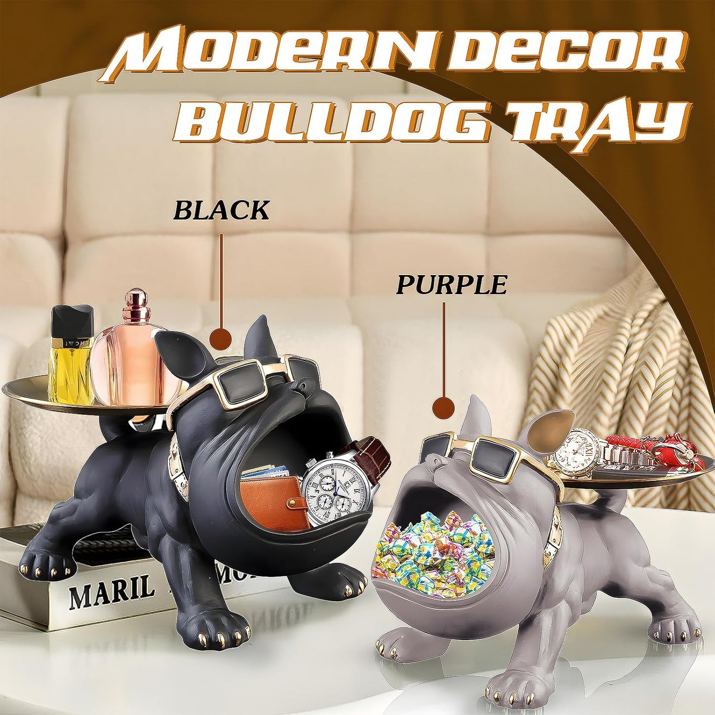 French Bulldog Resin Tray Statue – Key Holder, Candy Dish & Desk Decor for Home, Office & Entryway Table – Black Bulldog Figurine