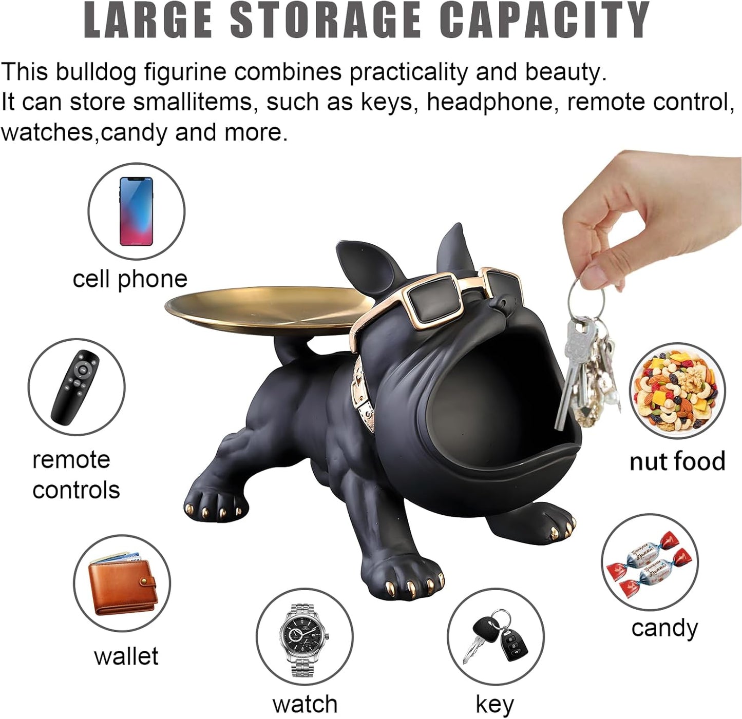 French Bulldog Resin Tray Statue – Key Holder, Candy Dish & Desk Decor for Home, Office & Entryway Table – Black Bulldog Figurine