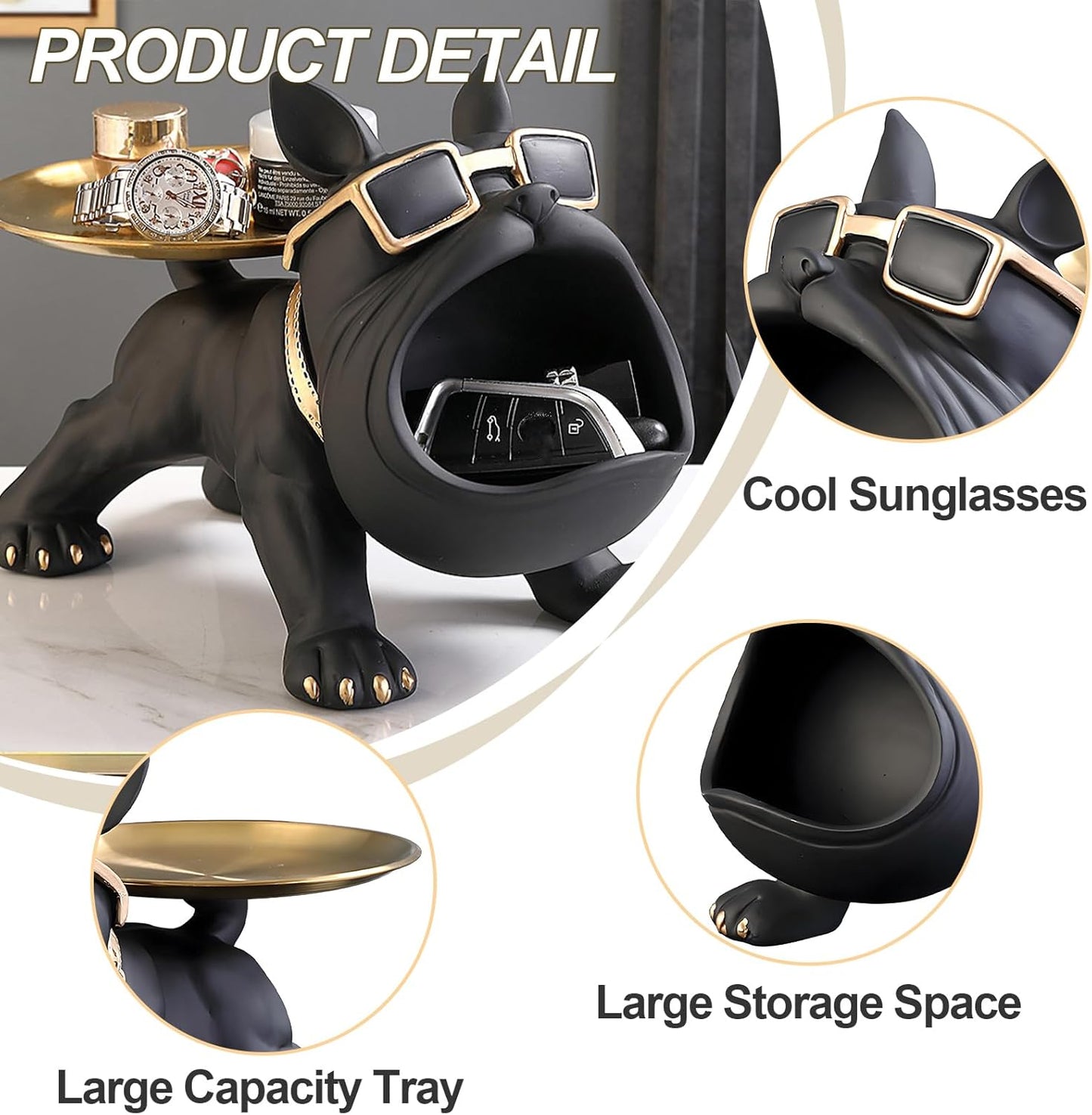 French Bulldog Resin Tray Statue – Key Holder, Candy Dish & Desk Decor for Home, Office & Entryway Table – Black Bulldog Figurine
