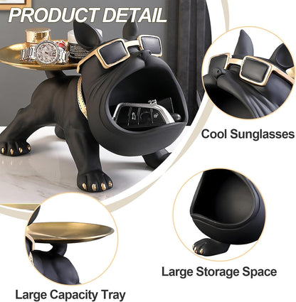 French Bulldog Resin Tray Statue – Key Holder, Candy Dish & Desk Decor for Home, Office & Entryway Table – Black Bulldog Figurine