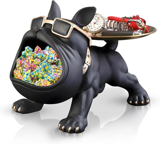 French Bulldog Resin Tray Statue – Key Holder, Candy Dish & Desk Decor for Home, Office & Entryway Table – Black Bulldog Figurine