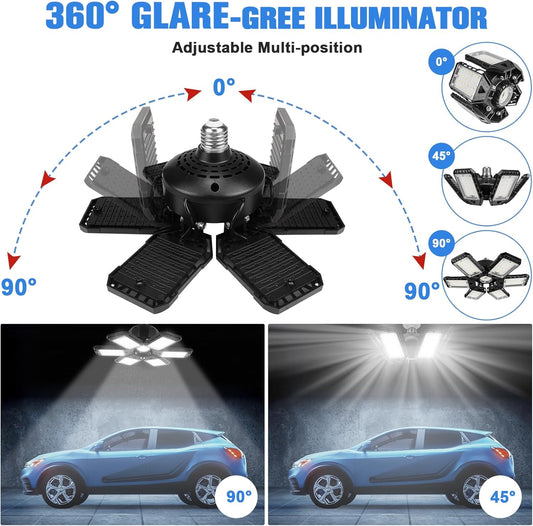 Aoretic LED Garage Lights Bulb 2 Pack -180W, 18000LM 6500K Led Shop Light with 6+1 Deformable Panels, Basement Barn Light Garage Ceiling Lights, E26/E27 for Garage, Warehouse, Shop, Basement