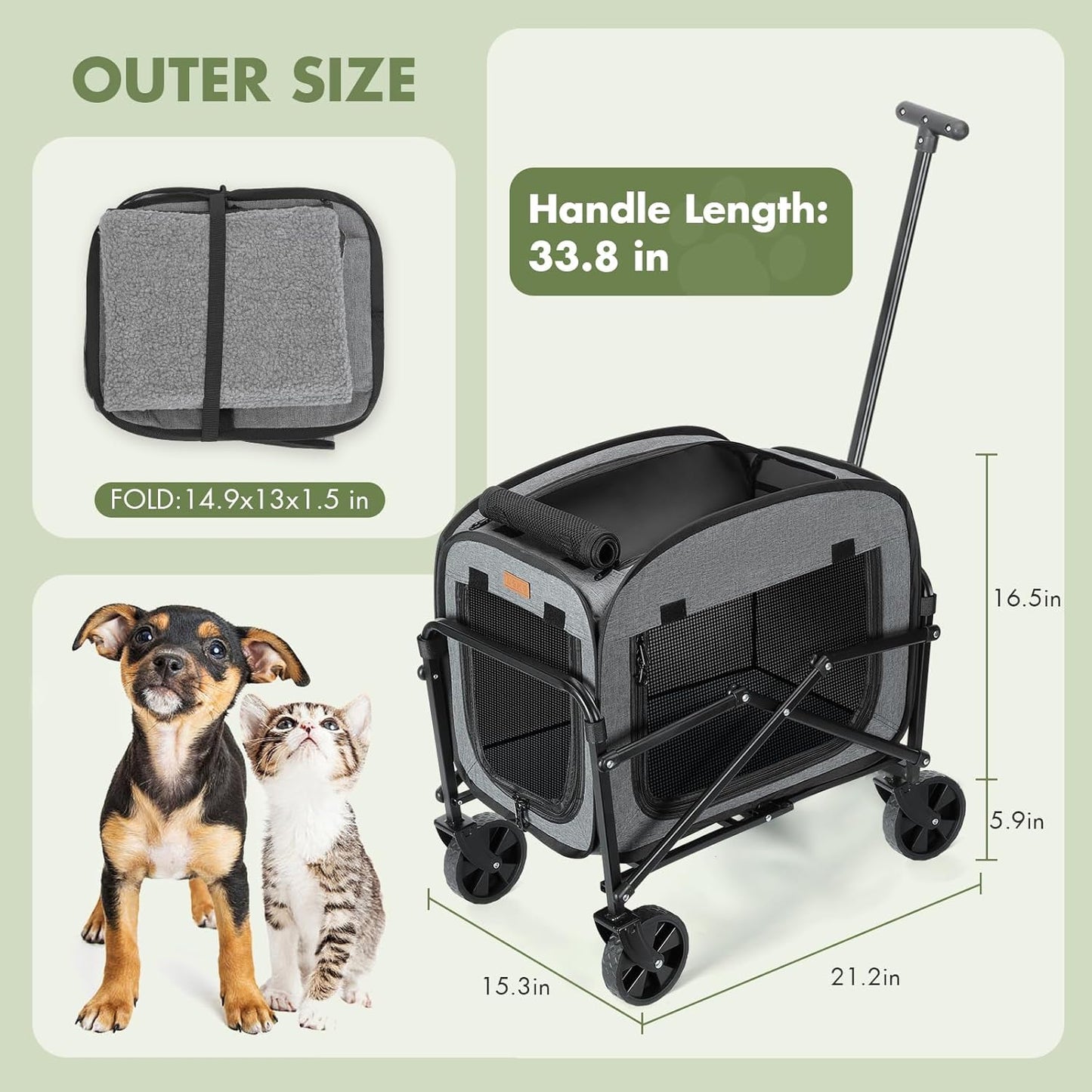 Lekebobor Cat Carrier with Wheels Large Cats 40LBS, Rolling Pet Carriage with Big All-Terrain Wheels (Gray)