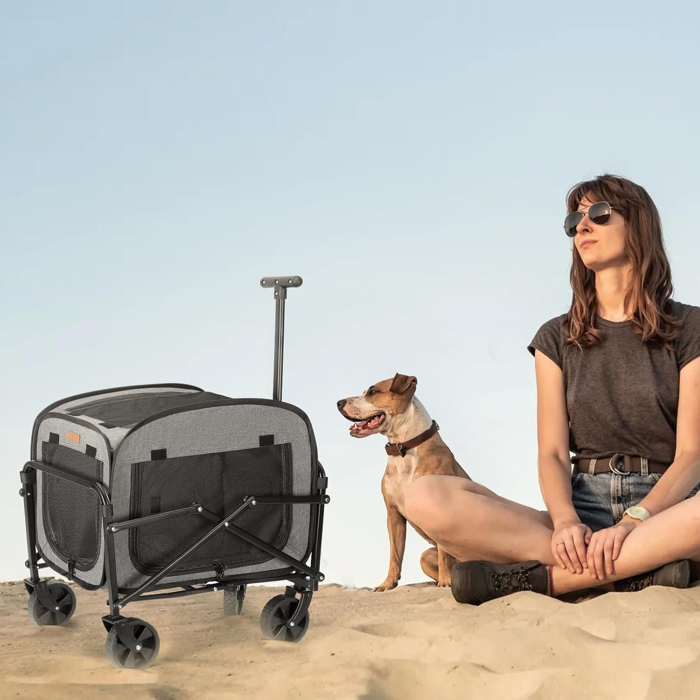 Lekebobor Cat Carrier with Wheels Large Cats 40LBS, Rolling Pet Carriage with Big All-Terrain Wheels (Gray)