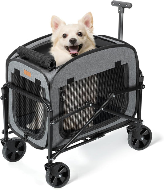 Lekebobor Cat Carrier with Wheels Large Cats 40LBS, Rolling Pet Carriage with Big All-Terrain Wheels (Gray)