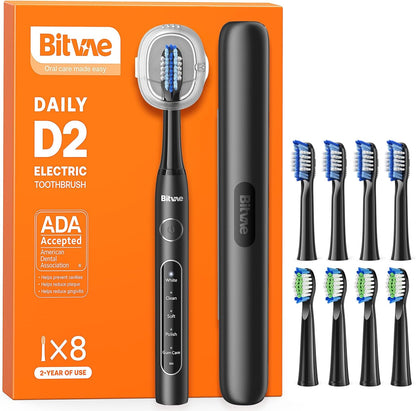 Bitvae Ultrasonic Electric Toothbrushes for Adults and Kids, ADA Accepted Rechargeable Travel Sonic Toothbrush with 8 Brush Heads, 5 Modes, Holder, D2 (Jet Black)