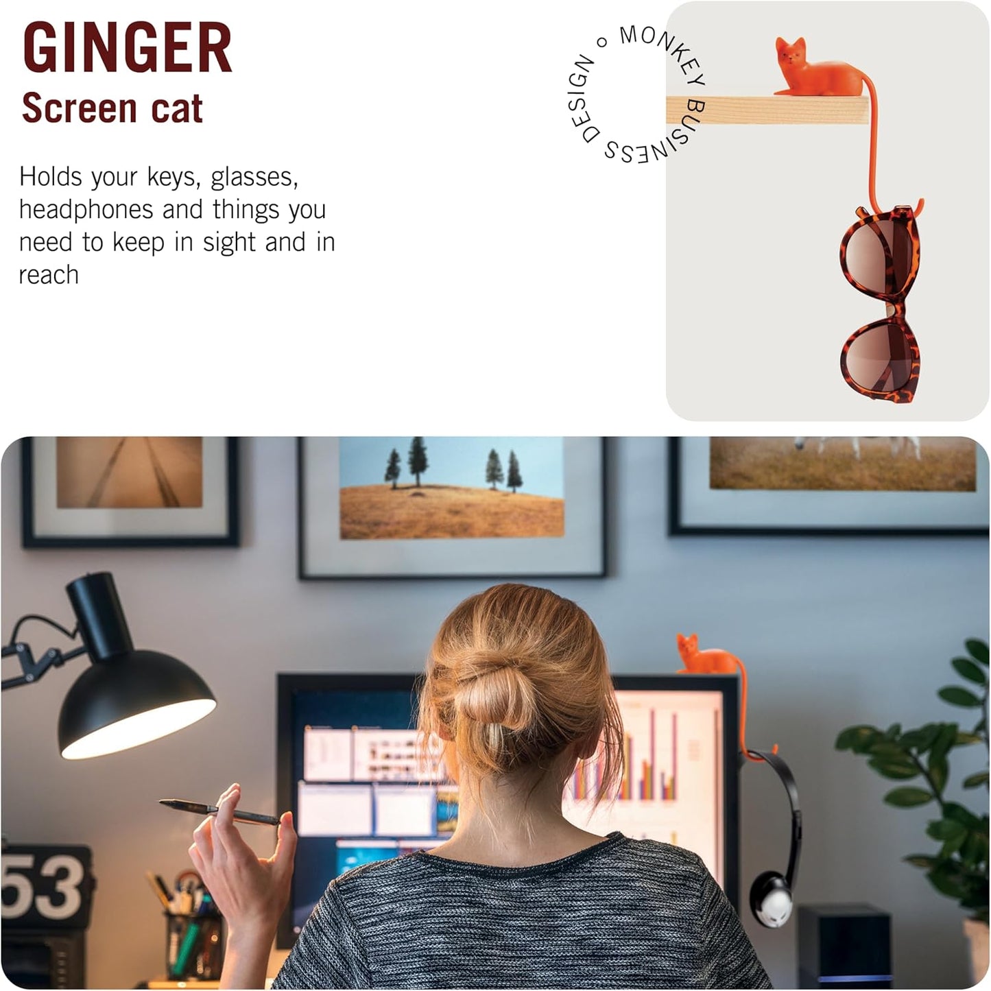 Cat Tail Screen Hook for Computer Monitor, Compact Desk Accessory Holder for Keys, Glasses, Headphones, and Cables, Adhesive Mount, Orange - PuriLite
