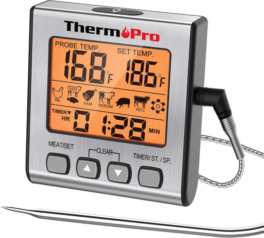 ThermoPro TP16S Digital Meat Thermometer for Cooking and Grilling, BBQ Food Thermometer with Backlight and Kitchen Timer, Grill Temperature Probe Thermometer for Smoker, Barbecue, Oven, Cookware