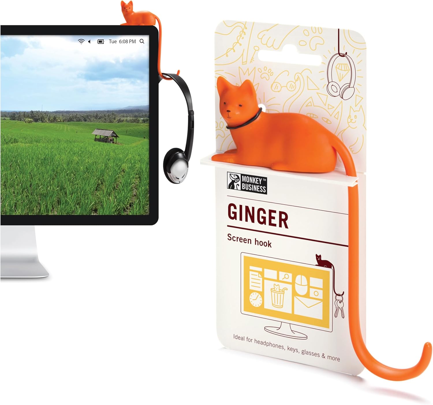 Cat Tail Screen Hook for Computer Monitor, Compact Desk Accessory Holder for Keys, Glasses, Headphones, and Cables, Adhesive Mount, Orange - PuriLite