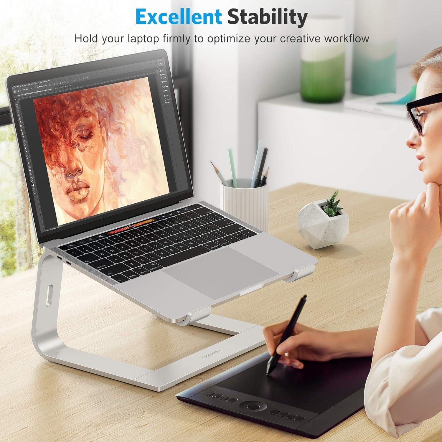OMOTON Aluminum Laptop Stand Riser, Ergonomic Desk Mount for 10-15.6 Inch Laptops, Heat Dissipation Holder for MacBook, Dell, HP, Lenovo – Silver - PuriLite