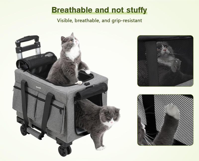 Pecute Cat Carrier with Wheels,Steel Wire Frame Cat Carrier, Stable Pet Trolley Bag for Cats, Pet Handbag and Stroller Bag, Portable Cat Carrier Bag for Car Travel Bus Subway, Grey