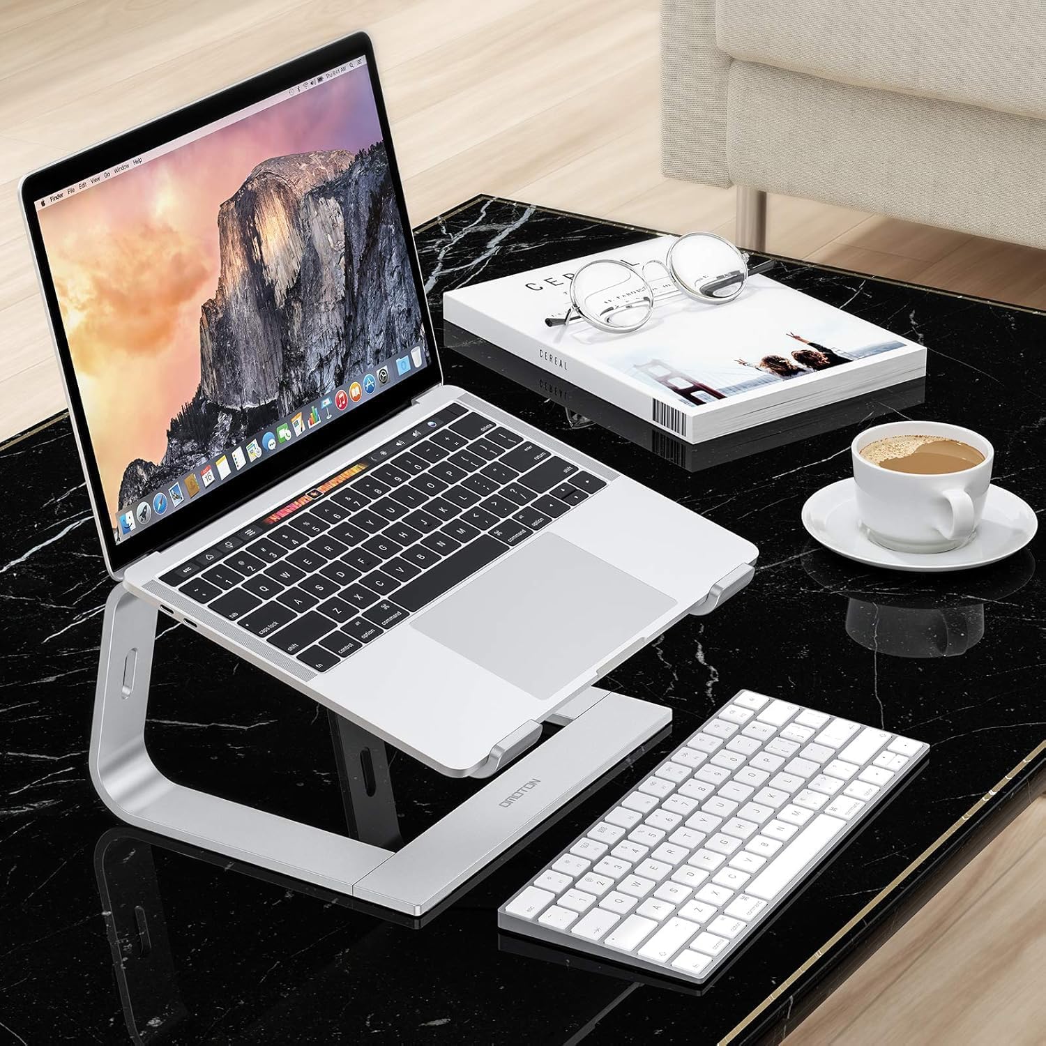 OMOTON Aluminum Laptop Stand Riser, Ergonomic Desk Mount for 10-15.6 Inch Laptops, Heat Dissipation Holder for MacBook, Dell, HP, Lenovo – Silver - PuriLite