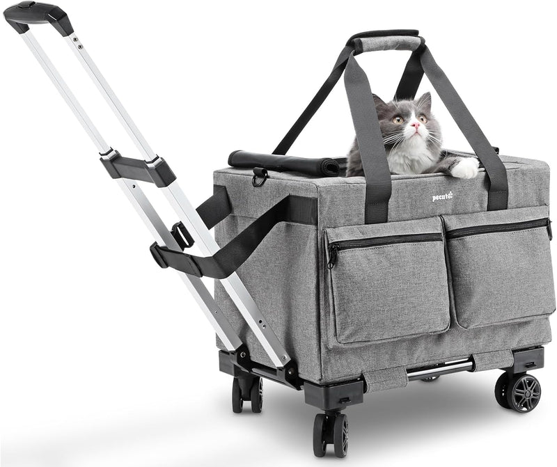 Pecute Cat Carrier with Wheels,Steel Wire Frame Cat Carrier, Stable Pet Trolley Bag for Cats, Pet Handbag and Stroller Bag, Portable Cat Carrier Bag for Car Travel Bus Subway, Grey