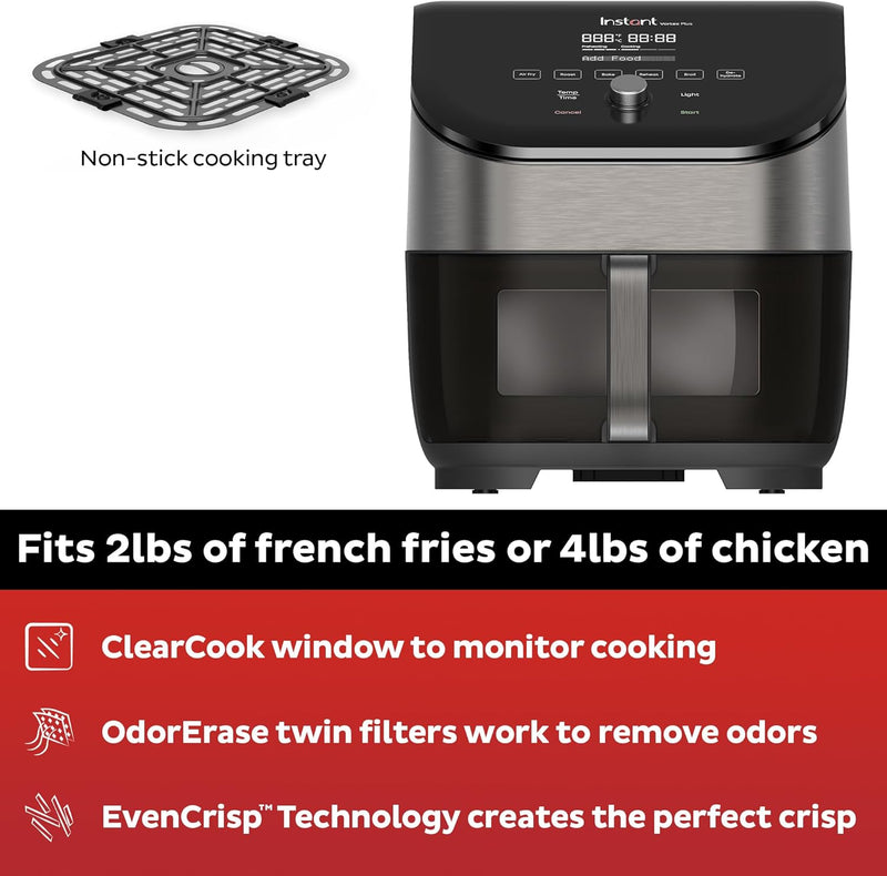 Instant Pot Vortex Plus 6-Quart Air Fryer Oven with ClearCook Cooking Window, Odor Erase Technology, Digital Touchscreen, Includes Free App with over 1900 Recipes, Single Basket, Stainless Steel, 6QT