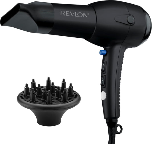 Revlon RV544FBLK Advanced Ionic Technology™ Hair Dryer with Diffuser, Powerful, Ionic Hair Dryer with Concentrator, Quick Dry, Lightweight, 2 Heat/ Speed Settings, Less Frizz, Shiny and Smooth Hair, Black
