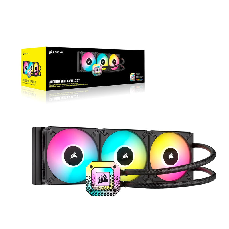 Corsair iCUE H150i Elite CAPELLIX XT Liquid CPU Cooler - Three AF120 RGB Elite Fans - 360mm Radiator - Intel LGA 1700, 1200, 115X, 2066, AMD AM5, AM4 - Included iCUE Commander CORE - Black