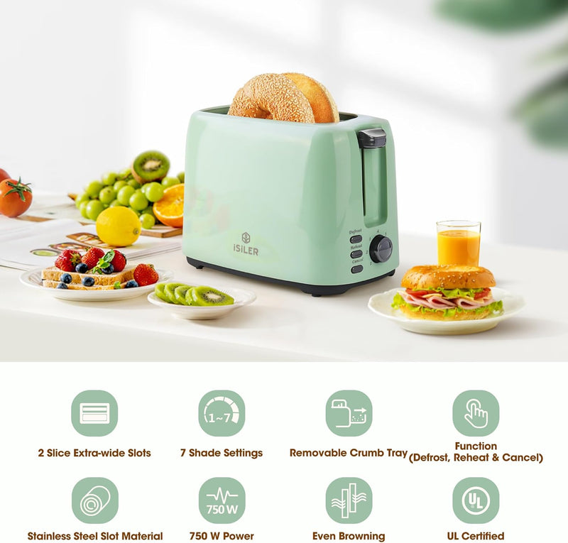 iSiLER 2 Slice Toaster, 1.3 Inches Wide Slot Bagel Toaster with 7 Shade Settings and Double Side Baking, Compact Bread Toaster with Removable Crumb Tray, Defrost Cancel Function Green