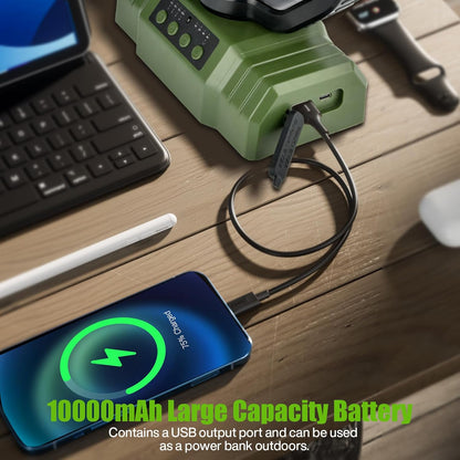 Camping Fan with LED Light, 10000mAh Rechargeable Battery, 4 Speeds & Timers - Portable Desk Fan with Remote Control for Camping, Emergency, Jobsite (Green)