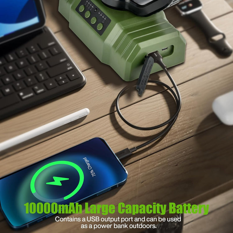 Camping Fan with LED Light, 10000mAh Rechargeable Battery, 4 Speeds & Timers - Portable Desk Fan with Remote Control for Camping, Emergency, Jobsite (Green)