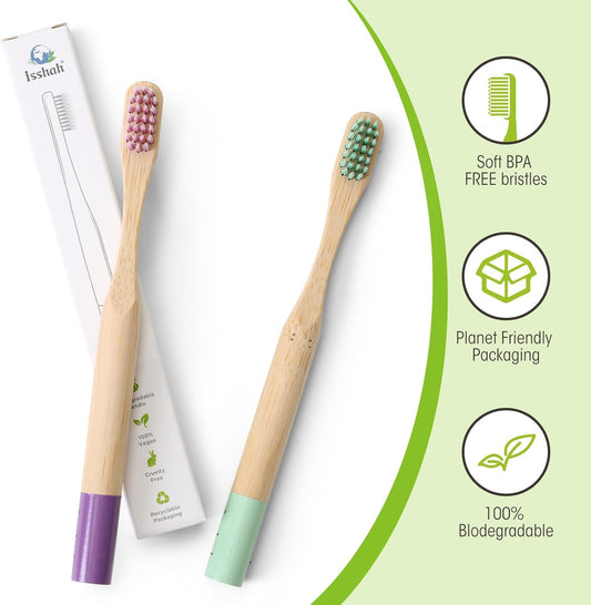 Isshah Kids Bamboo Toothbrushes Biodegradable Handle BPA Free Eco Friendly Children Size, Pack of 6 (Spiral Soft Nylon Bristles)