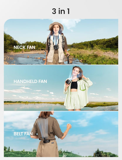 Portable Waist Clip Fan with LED Display - Small Belt Fan with Dual Clips and Lanyard, Personal Wearable Cooler with 3 Speed, Max 21 Hours, Necklace Fan