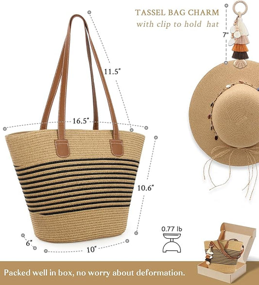 RUNROLE Straw Beach Tote Bag with Tassel Hat Clip for Travel, Large Lightweight Raffia Summer Hobo Shoulder Bag for Women