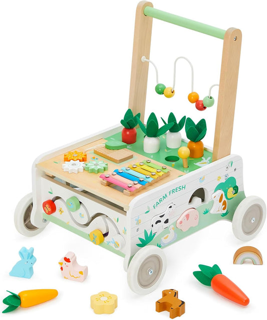 Wooden Baby Walker, Baby Push Walker Adjustable Speed Baby Walker Toddler Activity Center Toys Montessori Farm Walker Toy with Shape Sorter Carrot Wooden Toy for Boys and Girls