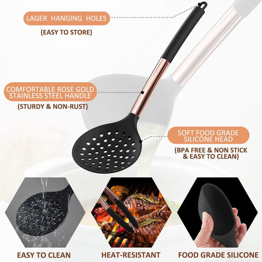 Silicone Cooking Utensil Set, Fungun 24pcs Silicone Cooking Kitchen Utensils Set, Non-Stick Heat Resistant - Best Kitchen Cookware with Copper Stainless Steel Handle - Black(Large, Non Toxic)